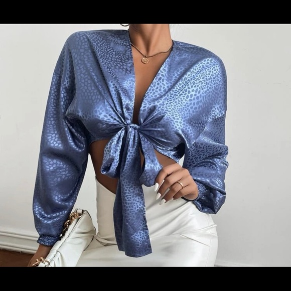 SHEIN Tops - SHEIN Blue Satin Tie-Front Long Sleeve Blouse